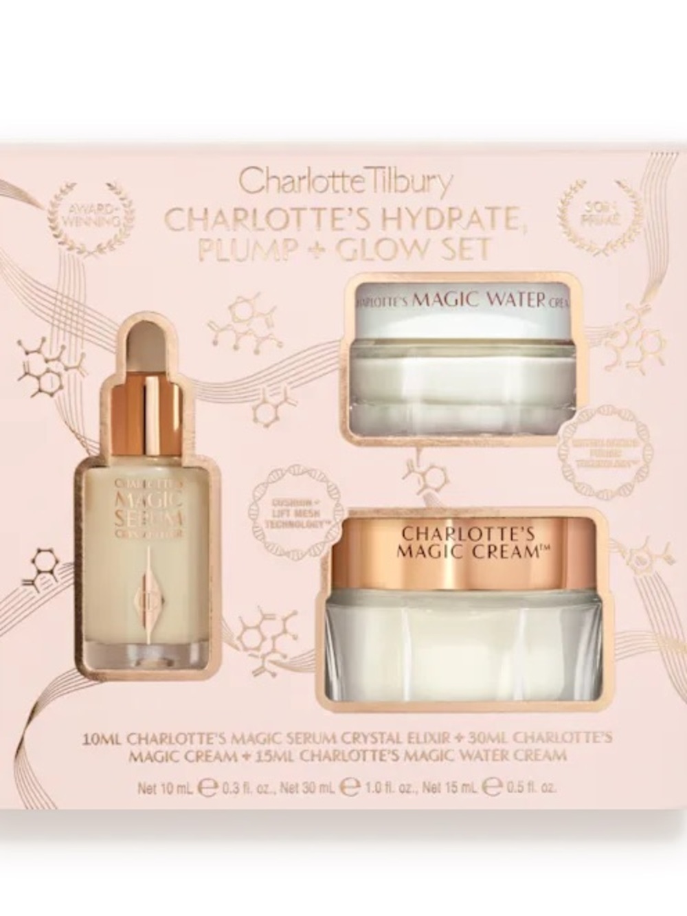 CHARLOTTE TILBURY HYDRATE PLUMP & GLOW SET NIB LUXURY Magic Cream, Elixir, Water
